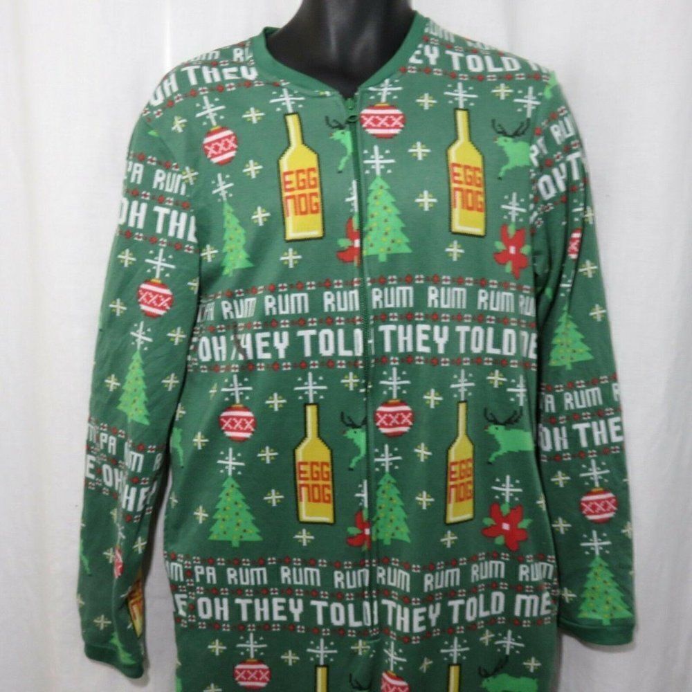 Christmas Union Suit Green Egg Nog Rum One Piece Pajamas Size Small
